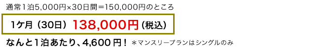 通常1泊5,000円×30日間=150,000円のところ、1ヶ月(30日)138,000円(税込)。なんと1泊あたり、4,600円!※マンスリープランはシングルのみ